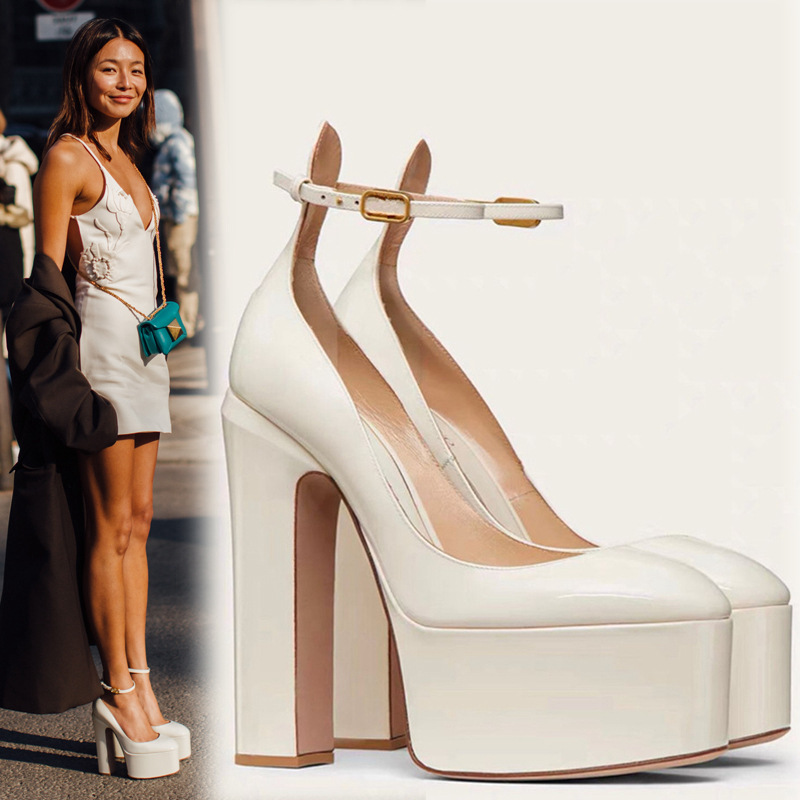 European and American New Ultra-High-Heeled Waterproof Platform Patent Leather Round-Toe Thick-Soled Anklet Catwalk Shoes Large Size Sky-High Thick-Heeled Shoes