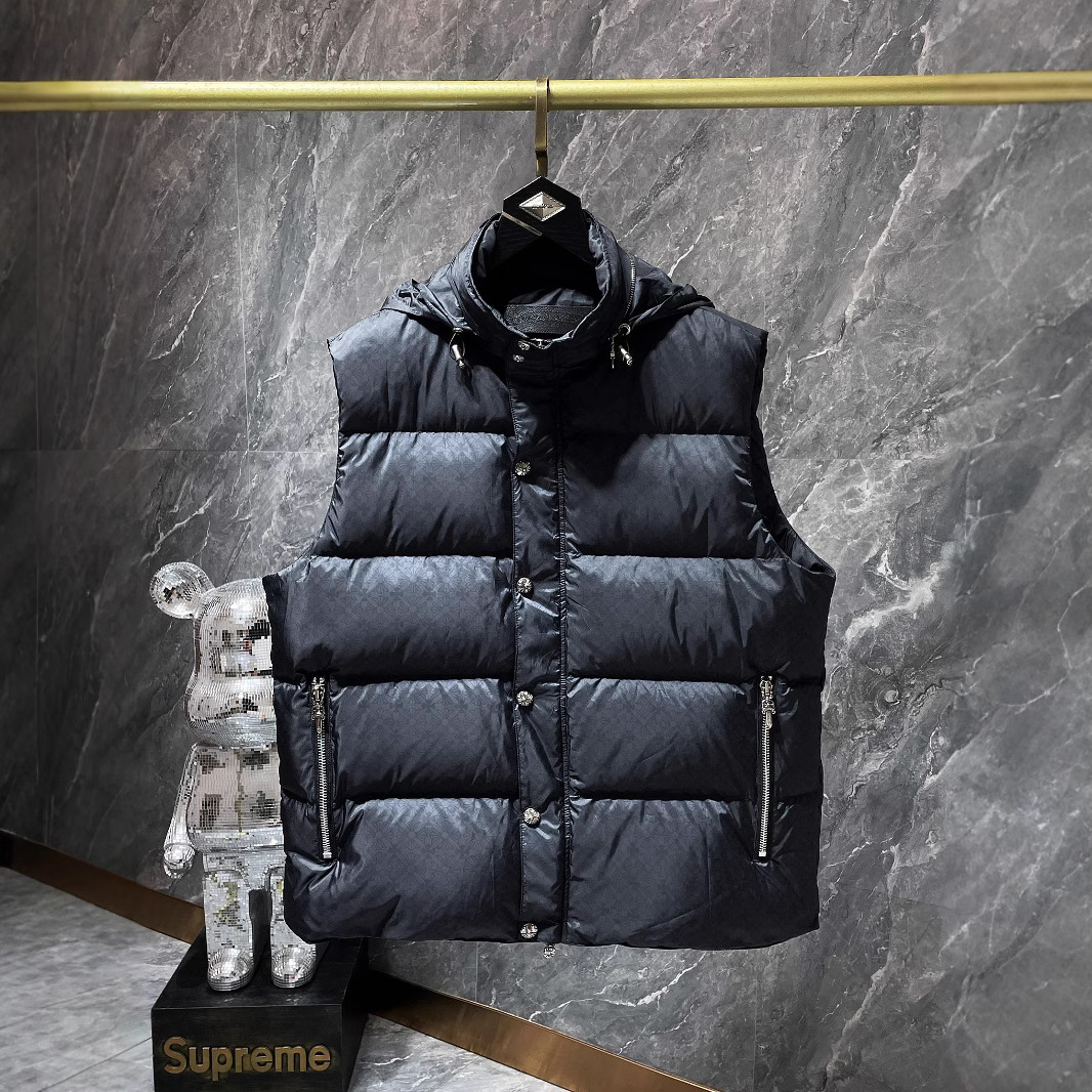 2025 새로운 Chrome Hearts CH 크롬 다크 패턴 꽃 남성과 여성을위한 탈착식 후드 다운 조끼