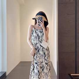 #灵动飘逸 重工压褶双层工艺印花度假长裙吊带裙女夏新图片色