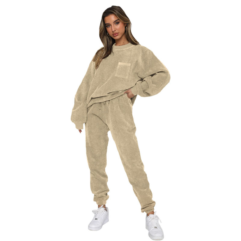 Women's Clothing Autumn and Winter New Corduroy Solid Color Round Neck Pullover Long Sleeve Two piece Fashion Pants Suit for Women_voghion.com