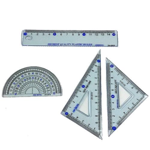 Set of rulers for student drawing, ruler, set square, protractor, 4 pieces of rulers