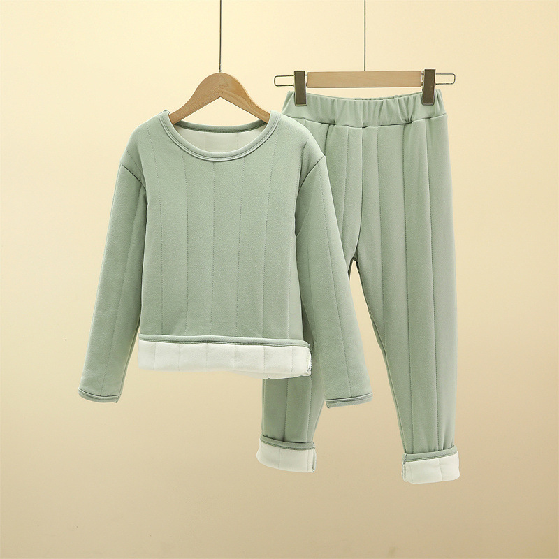 교복 유물 세트 소년과 소녀를위한 어린이 열 의류 3 층 퀼트 플러스 벨벳 두꺼운 면 의류 및 면 바지 따뜻한 바지