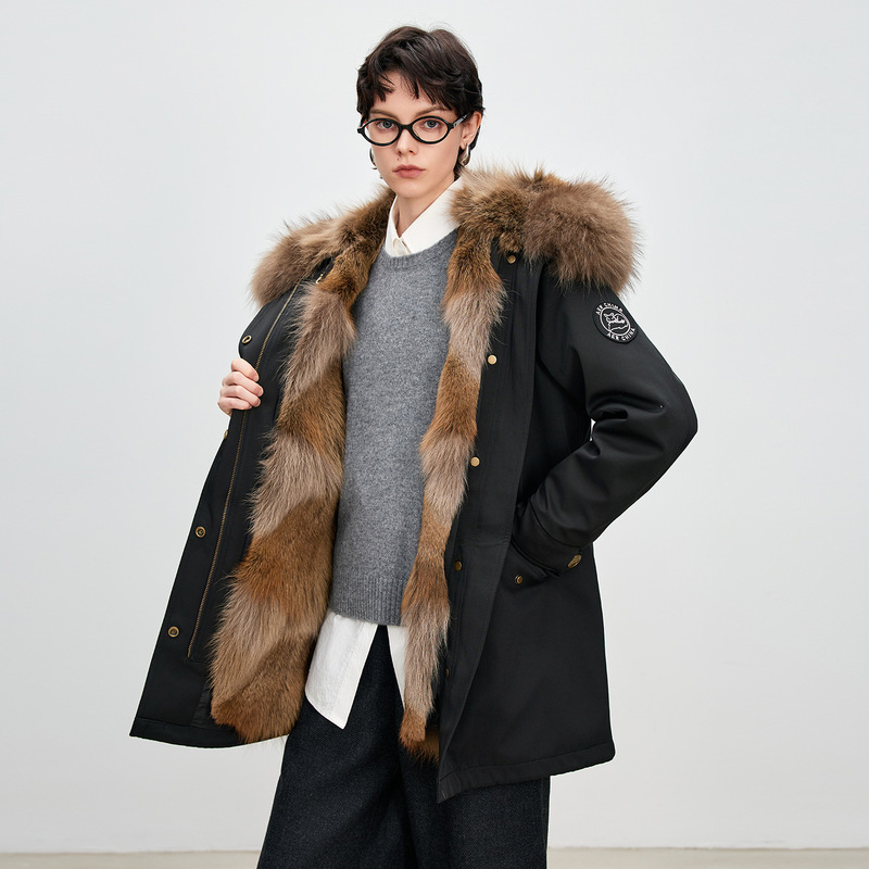 Imported Wolf Fur Lining Parka Women's Fur Integrated Detachable Raccoon Fur Collar Fur Outwear Winter Warm Outwear