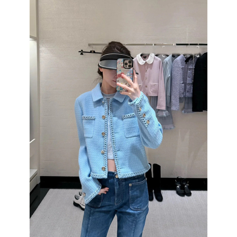 深圳南油货~25秋冬新品小香风蓝色花呢编织外套清新气质|undefined