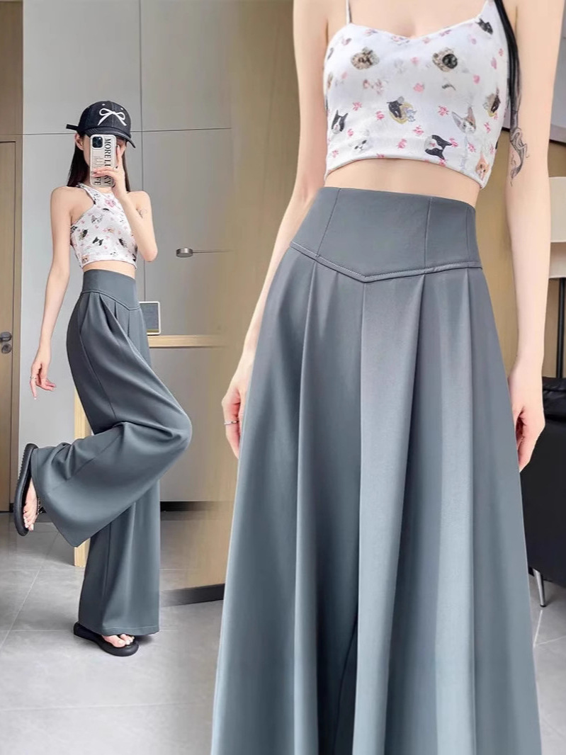 Pantalones de traje gris de alta calidad para mujeres de verano delgados pantalones de piernas anchas abdominales de cintura alta colgante sensación suelta de toallas casuales