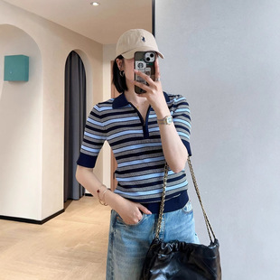 2600 Retro Contrast Stripesd Light and Breathable Ice Silk Polo Shirt Short-Sleeved Knitted 2025 Summer G060515 on the Counter