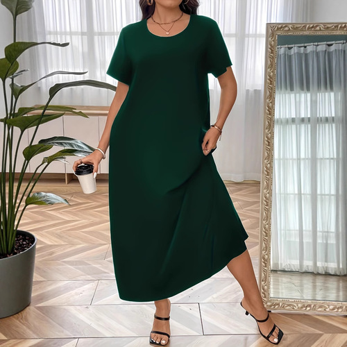 Middle Eastern Muslim fashion short-sleeve round-neck maxi dress for plus-size women with a robe-style design.