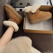 羊毛~2025女冬季皮毛一体牛角扣短筒靴子棉鞋防滑保暖厚底雪地靴