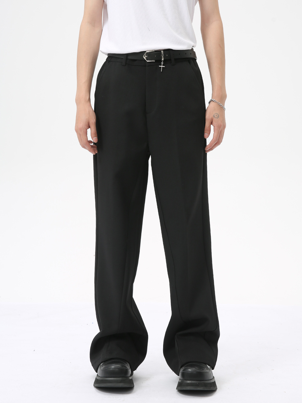 MTLCLOTHES ropa de hombre | Pantalones de traje estilo francés de alta gama, color sólido, casuales, sencillos, acampanados, estilo ligero y maduro, con caída elegante.
