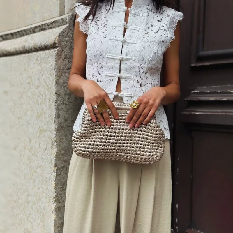 2026 Summer European and American Foreign Trade Russian Women's New Style Stand Collar Sleeveless Lace Solid Color Top Shirt Sexy Hollow-Out Design 2026 Summer European and American Foreign Trade Russian Women's New Style Stand Collar Sleeveless Lace Solid Color Top Shirt Sexy Hollow-Out Design