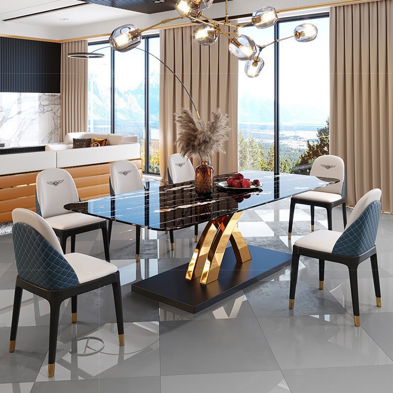 Mesa de comedor de tabla de roca de lujo ligera y combinación moderna y simple, mesa de comedor rectangular creativa para hogares pequeños