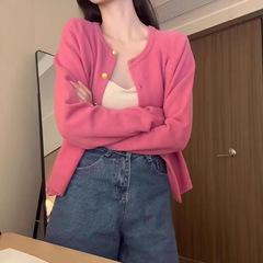 小众慵懒风玫红色针织开衫女秋冬温柔氛围感软糯毛衣外套漂亮上衣