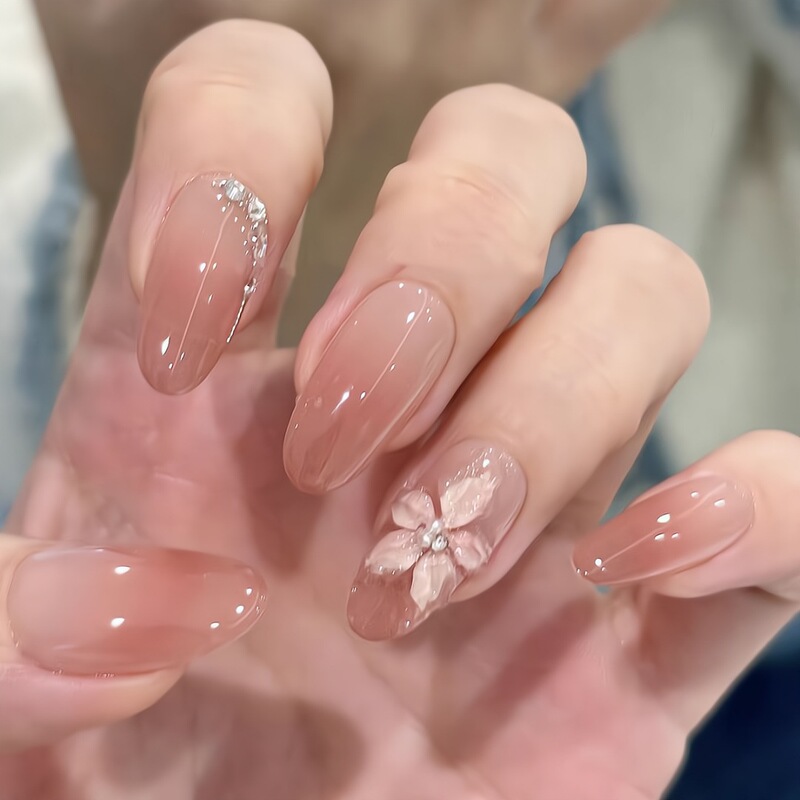 [Ling Luo Original] Gradient Ice Transparent Three-Dimensional Ice Flower Handmade Manicure Wearable Nails Ins Gentle Nails Available for Wholesale