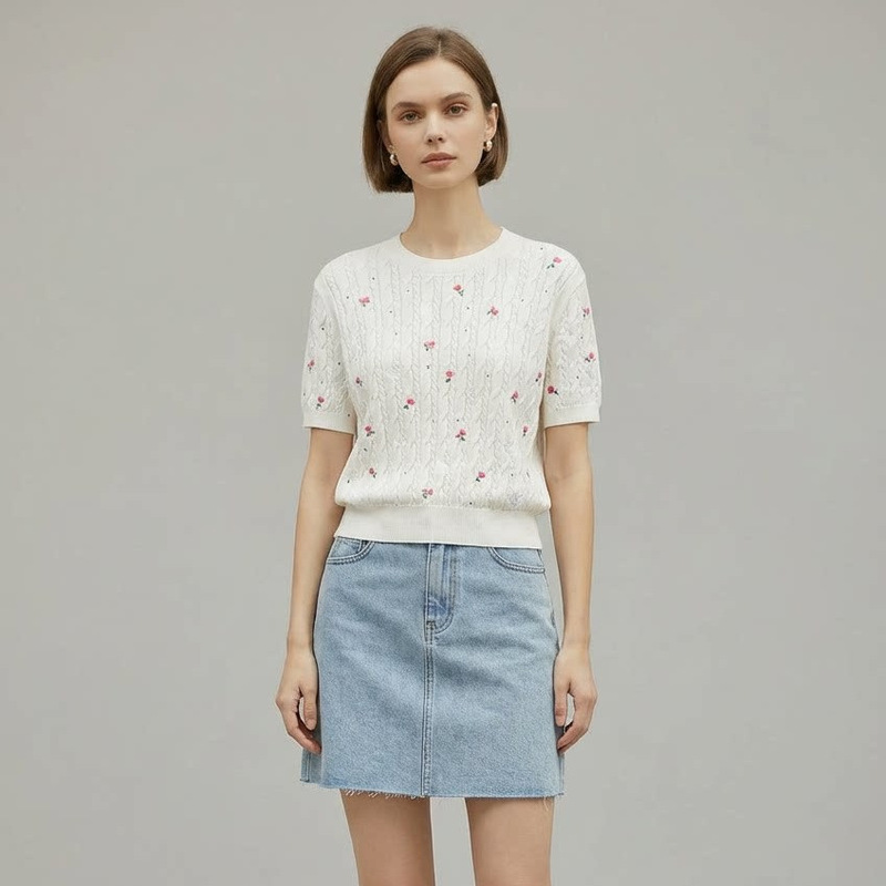 [in Stock] Dior-Style Women's New Rose Embroidered Short-Sleeve Cable Knit Sweater, Round Neck Slimming Top