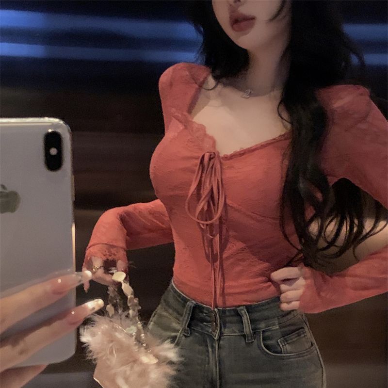 Cross-Border Wholesale Pure Desire Style Lace-Up Long-Sleeve T-Shirt for Women, Summer Lace Patchwork Waist-Cinching Slim-Fit Red Short Top