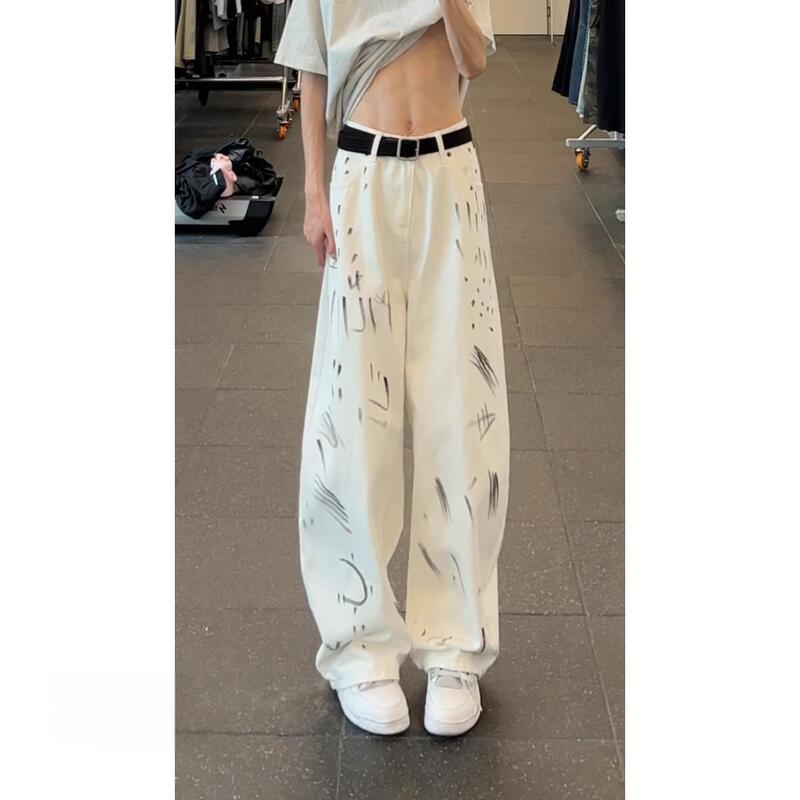 White Graffiti Jeans for Men, Straight Loose Scimitar Wide-Leg American High Street Pants, Trendy Brand Handsome Design Trousers