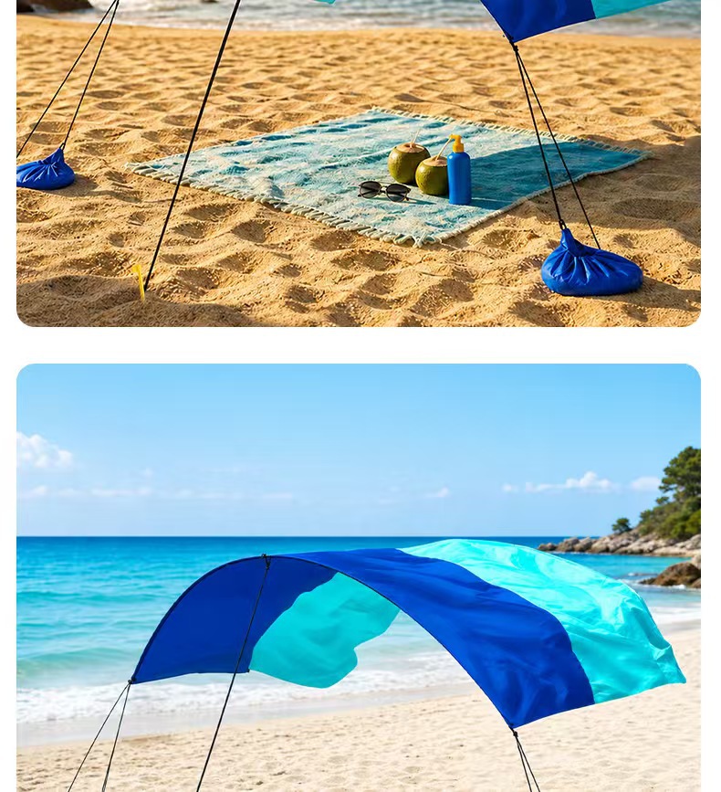 Cross-border multifunctional beach sunshade canopy with integrated storage, UV protection, and suitable for multiple people, ideal for outdoor vacations