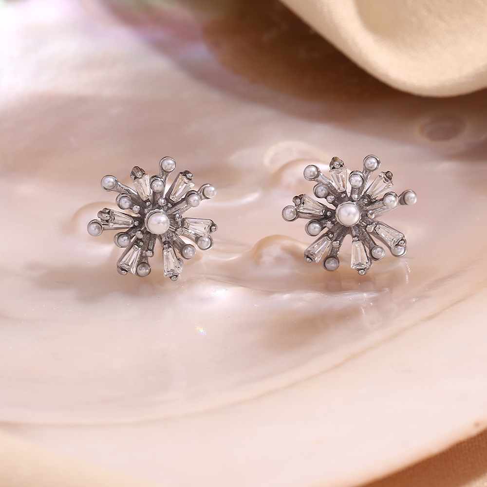 Pearl Zircon Fireworks Stainless Steel Earrings