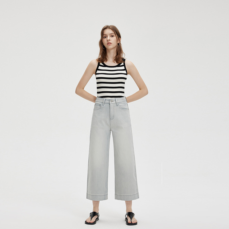 Shilin 2026 Summer Women's Denim Lycra Four-Way Stretch High-End Washed Texture Stylish Eight-Point Wide-Leg Pants Cross-Border