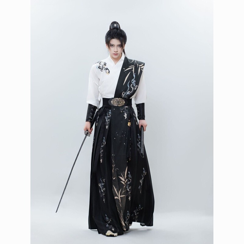 Hanfu for Men, Adult Men's Hanfu, Ancient Style Martial Arts Black and White Cross-Collar Set, Black Hanfu, Cool Wasteland Style