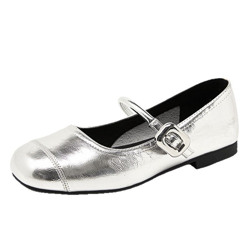 Super explosión plateada zapatos mary-zhen mujer 2025 nueva primavera francesa cabeza redonda zapatos de cuero de tacones bajos zapatos de sola suave