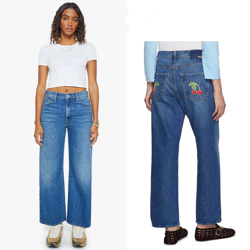 Mo European and American style high-waisted cherry embroidered patch pocket slim-fit wide-leg straight ankle-length cropped jeans, slimming classic blue Mo European and American style high-waisted cherry embroidered patch pocket slim-fit wide-leg straight ankle-length cropped jeans, slimming classic blue