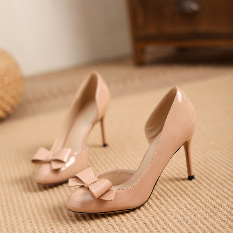 Tacones laterales abiertos 2025 | Zapatos de charol con lazo mujer