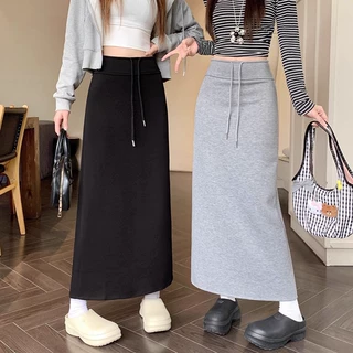 休闲半身裙女秋季2027新款中长款高腰显瘦直筒灰色抽绳一步包臀裙