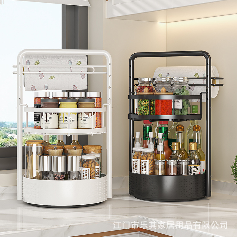 El estante de condimentos de cocina se puede girar en la esquina de la encimera para colocar condimentos, estante para botellas y latas, caja de almacenamiento para rollos de tela