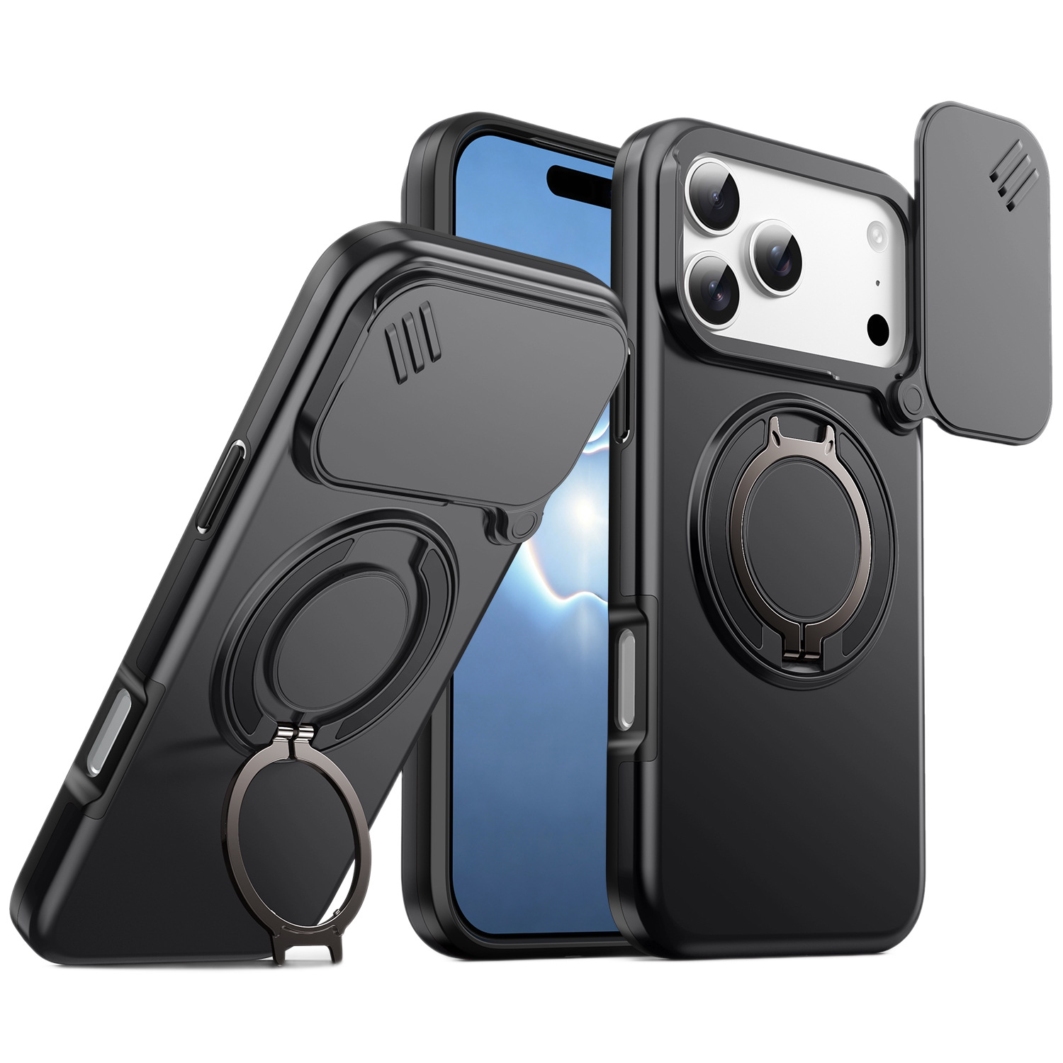 Funda Magnética para iPhone 17 Pro Max 16 15 de PC con Soporte Giratorio 360°, Tapa Deslizante para Lente y Anti-caída