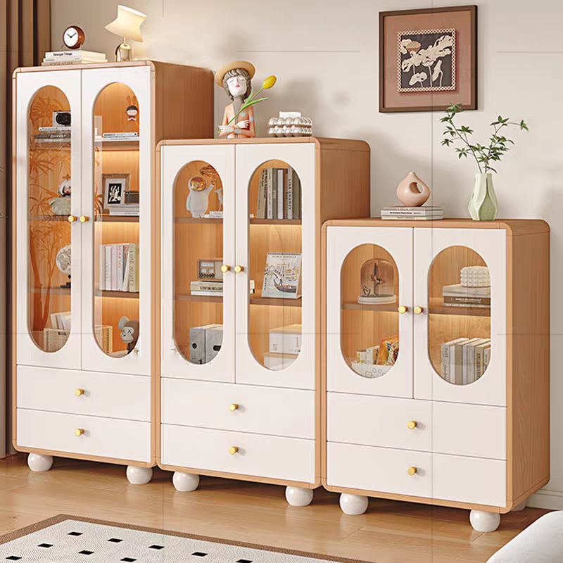 Solid Wood Cream Style Bookcase Home Wall Storage Cabinet with Glass Door Bedroom Children's Storage Cabinet Study Display Cabinet