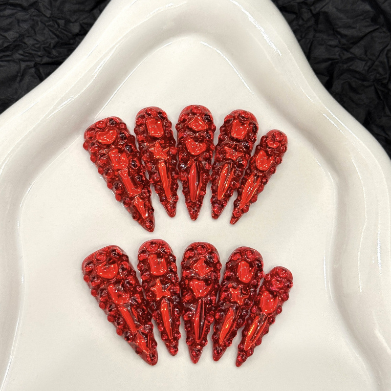 Cross-Border Explosion Diamond Series Full Diamond Red European and American Flash White Foreign Trade European and American Style Handmade Wearable Nails Wholesale