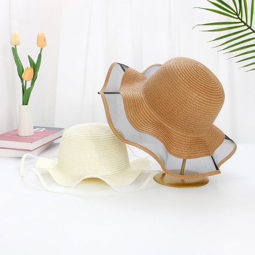 【New Style】Mesh wavy straw hat DIY hat embryo large brim woven straw hat women's seaside sun protection sun hat