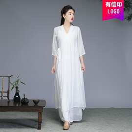 中风禅意女装棉麻茶服禅修服禅舞服装复古汉服连衣裙两件套批发