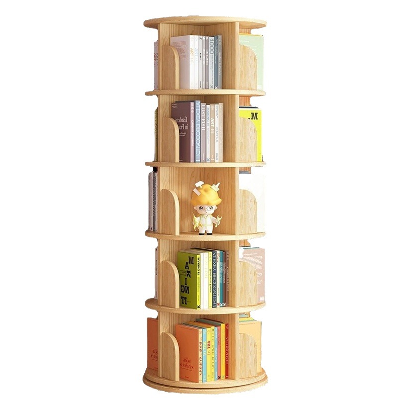 Estantería giratoria de madera maciza de 360 grados estantería simple sala de estar de almacenamiento de ahorro de espacio rack hogar niños piso imagen libro rack