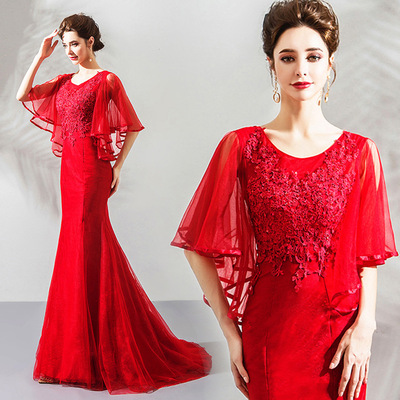Daily specials Fashionable Yarn Sleeve gules Lace fish tail bride Wedding dress full dress Toast clothing wholesale 9166