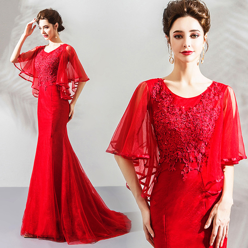 Daily specials Fashionable Yarn Sleeve gules Lace fish tail bride Wedding dress full dress Toast clothing wholesale 9166