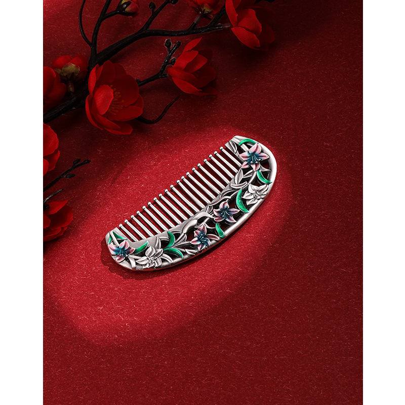 Plata peine del pelo s999 plata esterlina vintage hecho a mano esmalte peine plata pura cuidado de la salud raspado regalo para novia mayor