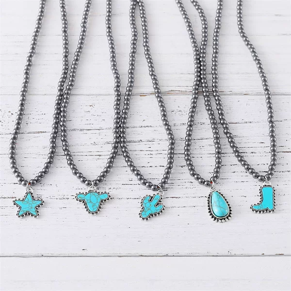 New Ins Style Fashion Elegant Black Round Bead Necklace Women's Cowboy Style Boots Niutou Five-pointed Star Jewelry