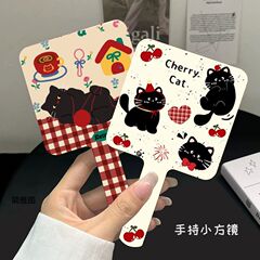 黑色猫猫手柄小镜子便携化妆镜手持补妆宿舍家用方形ins梳妆镜