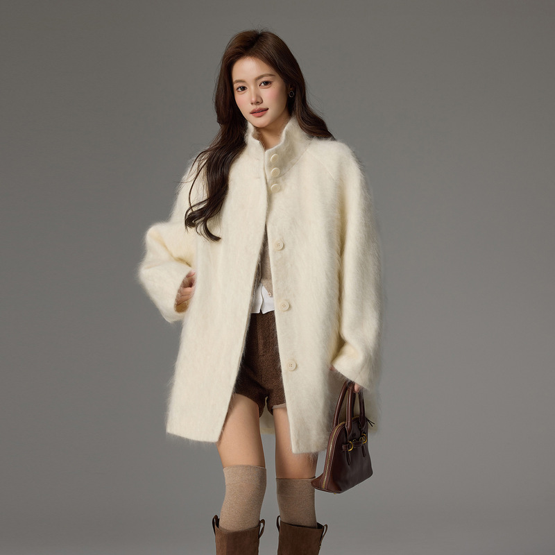 2025 New Autumn and Winter Brushed Cashmere Outwear Women's Mid-Length Thickeneded Loose Slim Woolen Outwear Cross-Border