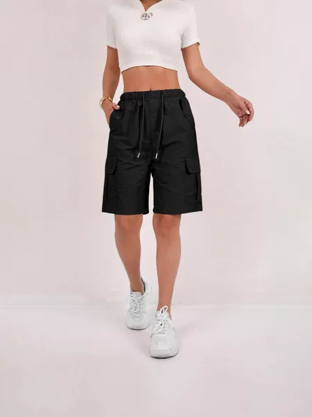 2025 Summer New High-Waisted Cargo Shorts for Women, Loose Casual Drawstring Five-Point Pants, European and American Cross-Border Trendy Sports Style