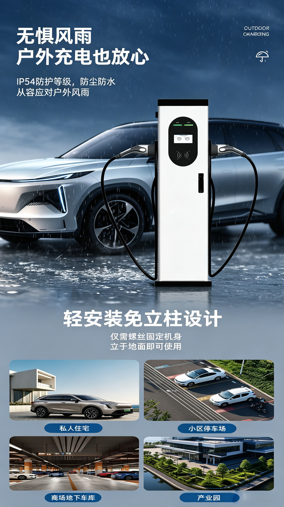 22kW car charging station, floor-mounted AC charger, AC220V/AC380V, national standard electric vehicle smart charging, white