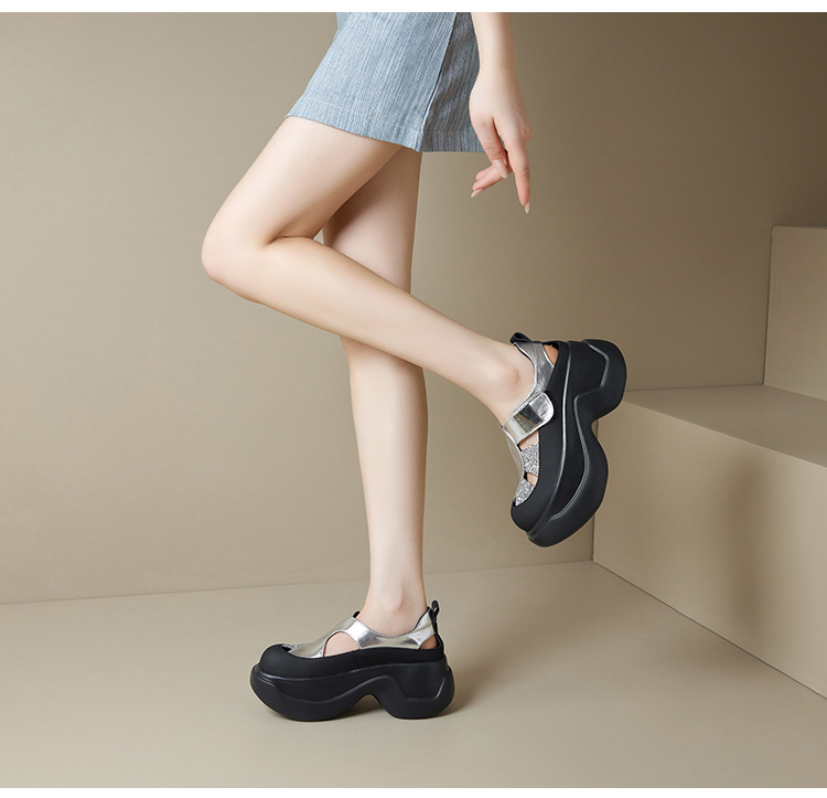 Giày sandal cao gót nữ đính sequin và đá rhinestone, đế dày độn cao, mũi bao da thật kiểu La Mã rỗng — Màu đen, Màu trắng be, Màu bạc chi tiết 12