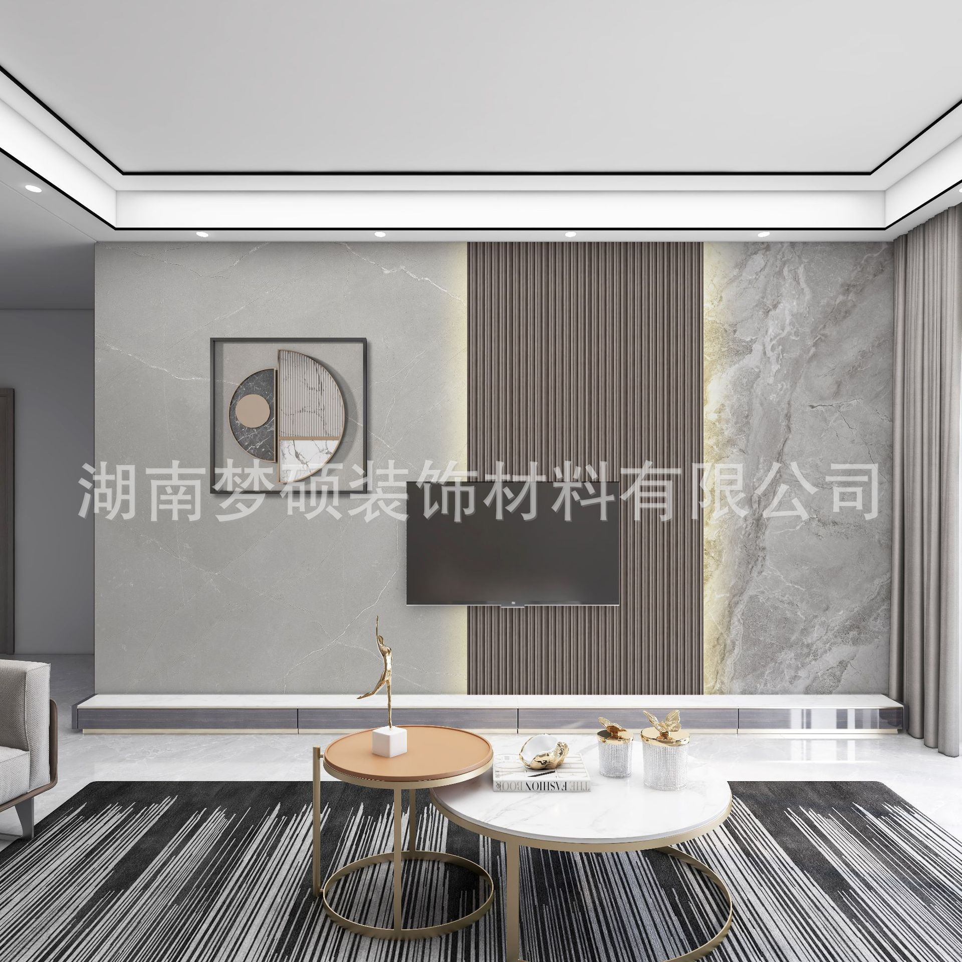 电视背景墙壁纸大理石纹木格栅壁画客厅沙发卧室影视墙布无缝环保