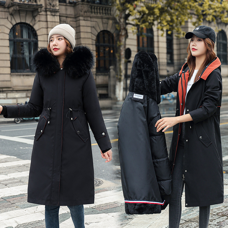 Long Two-Wear Cotton Coat for Women, Korean Style Over-The-Knee Parka, Slim Fur Collar and Velvet Cotton Coat for Women, Removable Windbreaker Long Two-Wear Cotton Coat for Women, Korean Style Over-The-Knee Parka, Slim Fur Collar and Velvet Cotton Coat for Women, Removable Windbreaker