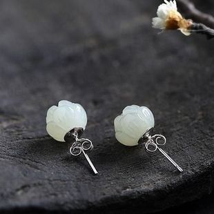 925 Sterling Silver Earrings Women's Natural Hetian Jade Lotus Fashion Simple All-match Elegant Personalized Earrings Earrings Jewelry