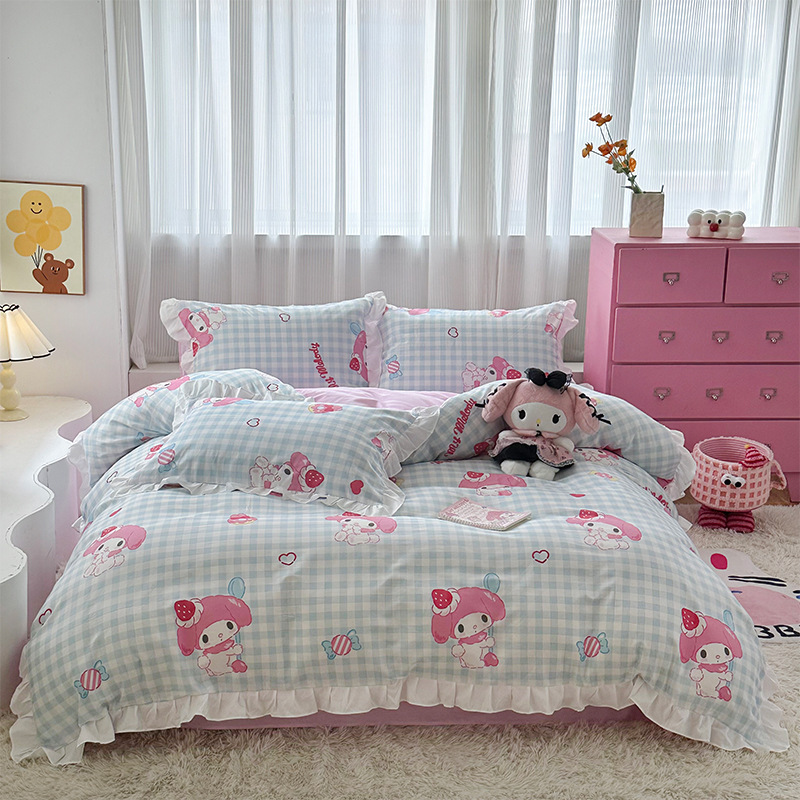 三丽鸥纯棉花边款四件套全棉公主风卡通HelloKitty床单被套床裙款|undefined