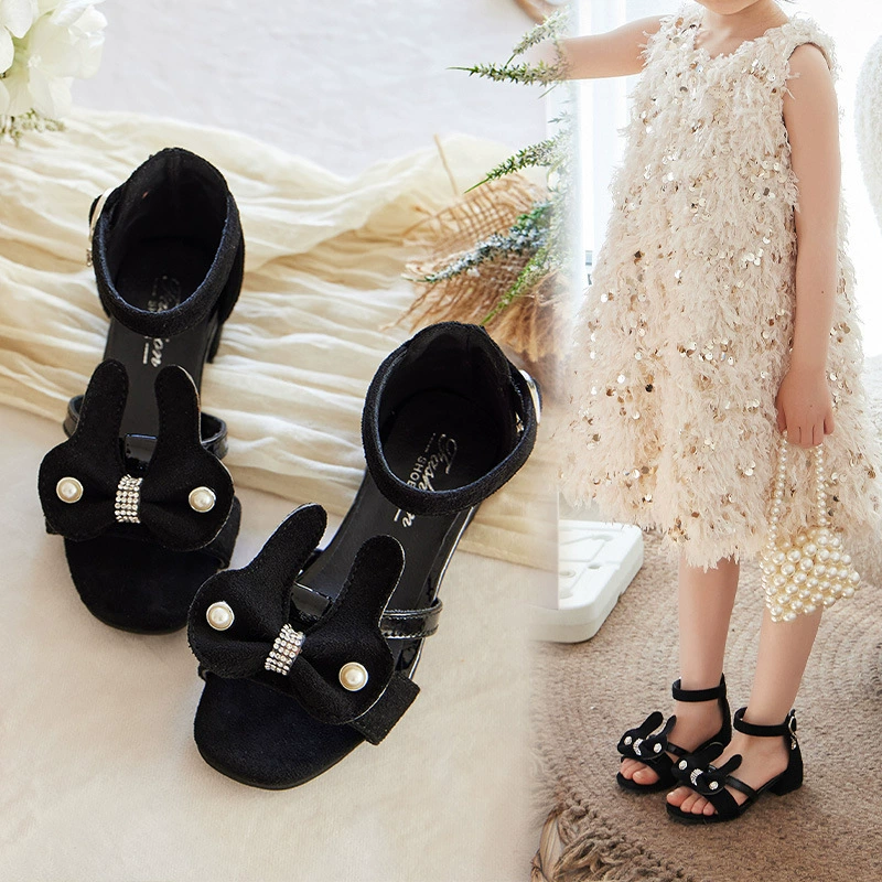 Иностранная девушка бант сандалии 2024 лето корейская принцесса жемчужная квадратная голова мягкая подошва танцевальная обувь на высоком каблуке
