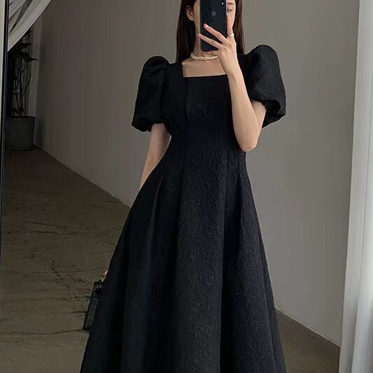 New Stylish Dress for Women, Waist-Cinching Long Dress, French-Style Tea Dress, Summer Slimming Hepburn 2025 Square Neck Puff Sleeve Dress